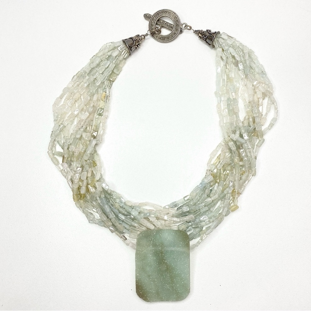 Vintage Pale Green Multi-Strand Beaded Necklace with Rectangular Pendant - Picture 6 of 15